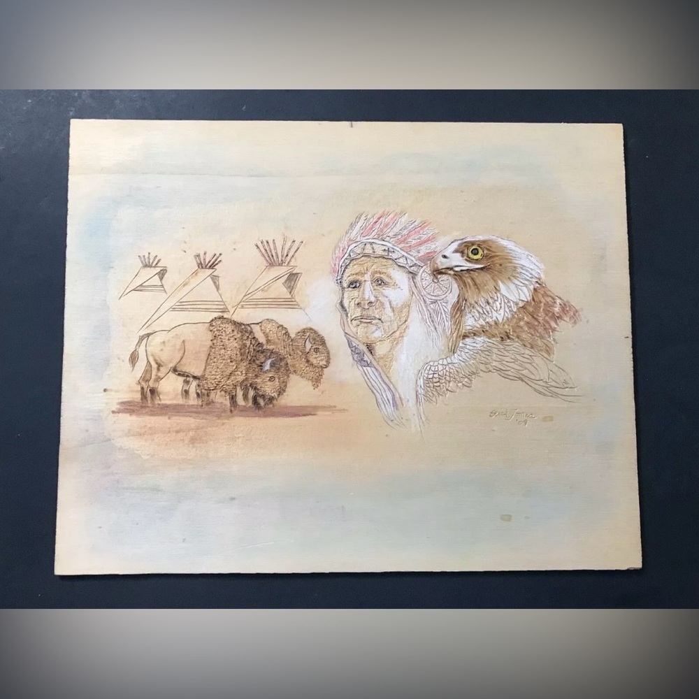 Vintage Indigenous Pyrography Chief Buffalo Signed Art Plywood Native American